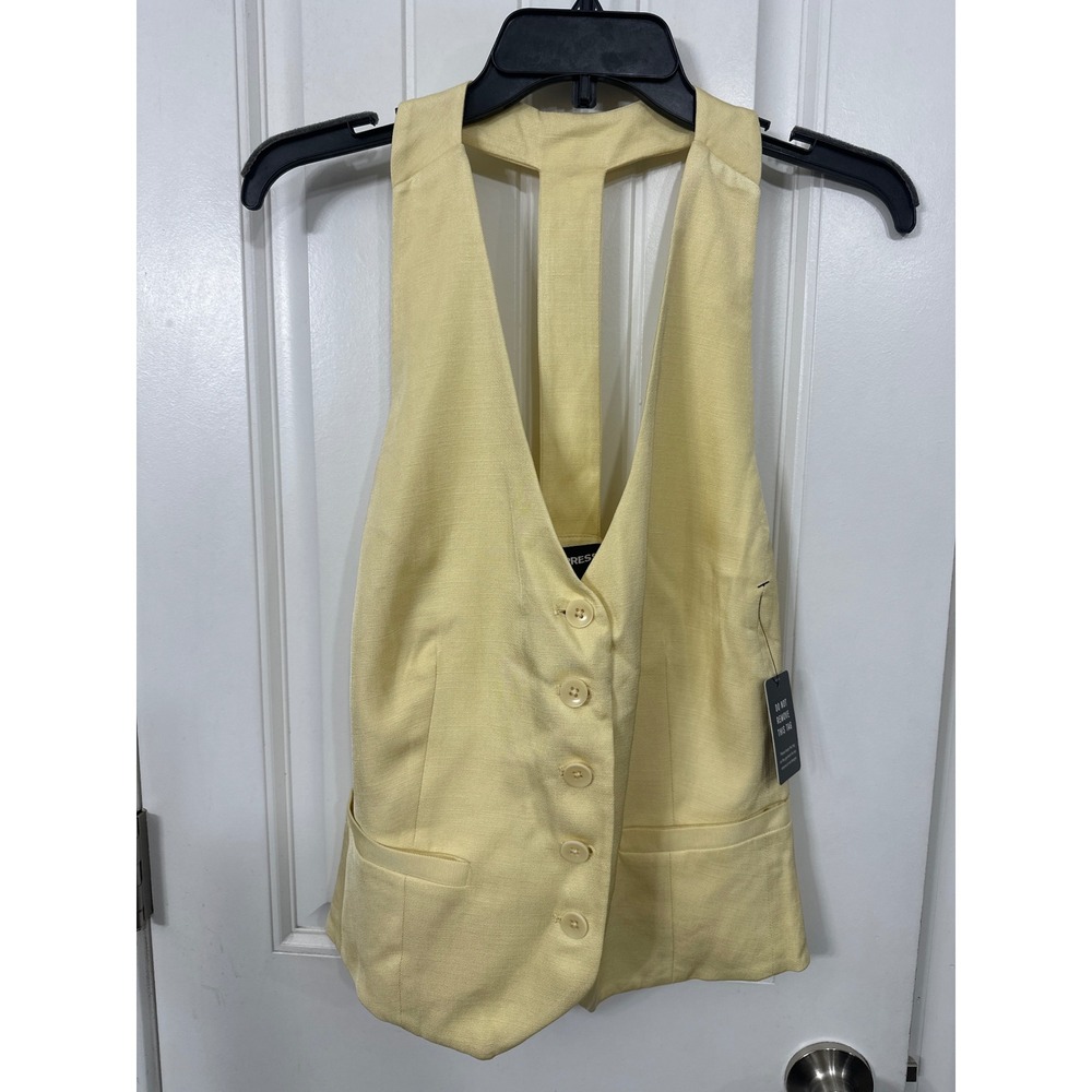 Express Women Yellow Linen Blend T-Back Halter Tailored Vest Waistcoat XL NEW